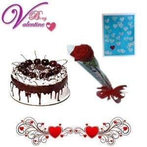 Single Red Rose with 1Kg Black Forest Cake